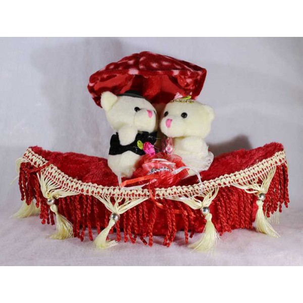 Valentine Cute Teddy Couple On A Beautifully Decorated Plush Boat